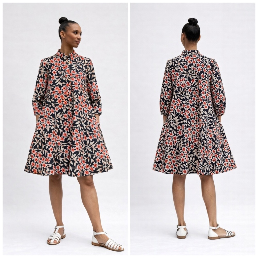 Zuri Kenya African Print Shirt Dress Black Cream Orange Floral A-Line Size 1X​